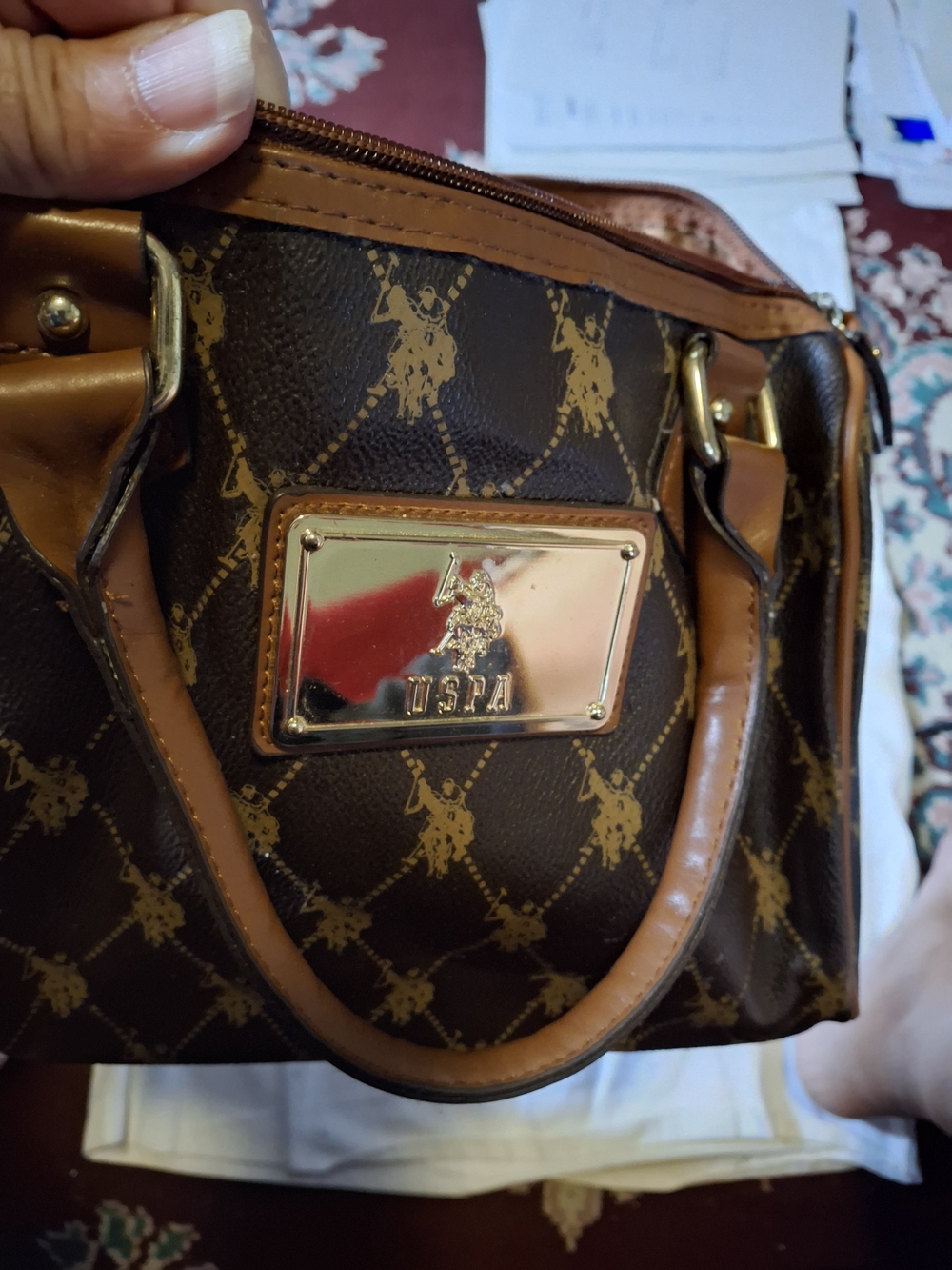 U.S. Polo Assn. Brown Monogram Mini Satchel Handbag